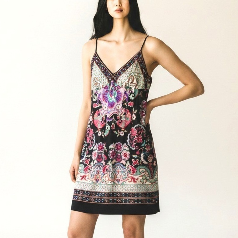 I.C.E. Bohemian Floral Paisley Satin Mini Dress Black Multi V-Neck Strappy Sz 10